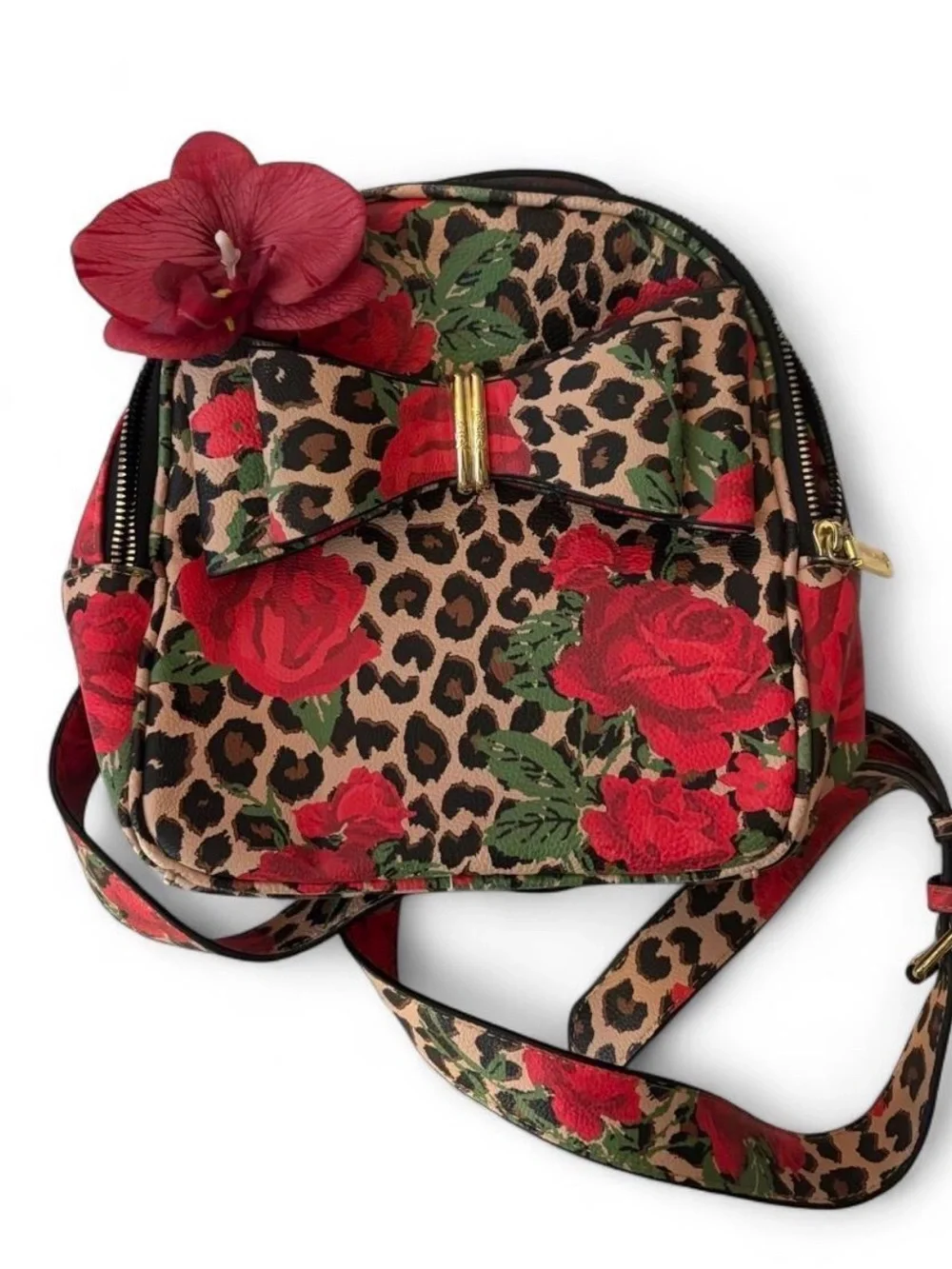 Betsey Johnson Floral Leopard Backpack with Bow Accent - Red